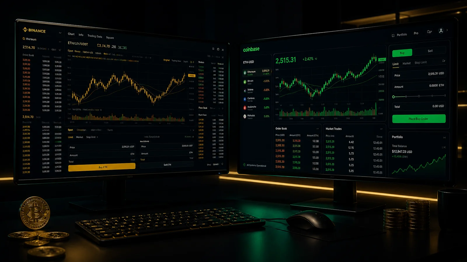 Binance vs Mercado Bitcoin: dois painéis de exchange com gráficos de candlestick para comparação