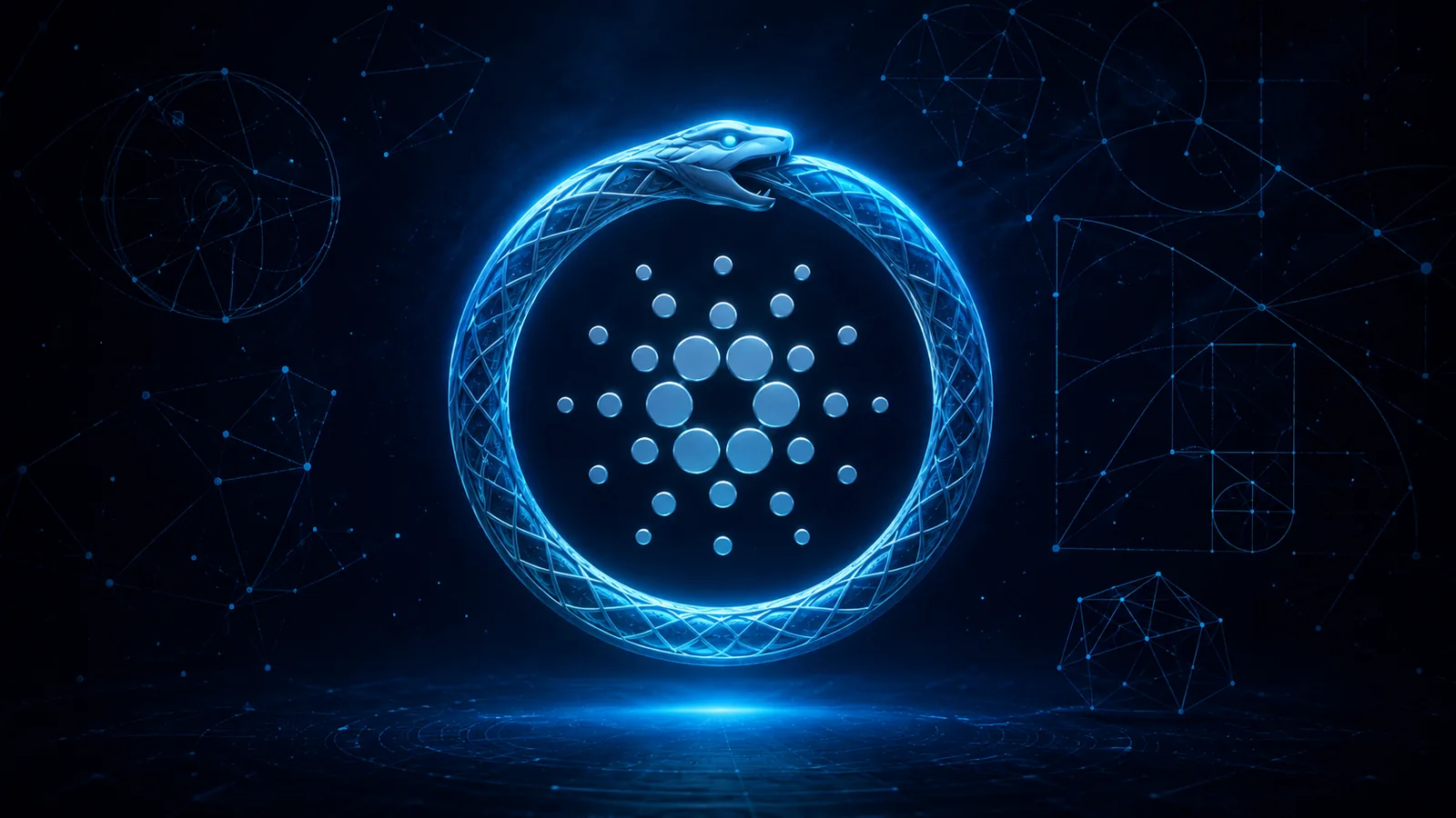 Cardano ADA: logo azul da blockchain acadêmica com símbolo de infinito representando o ecossistema