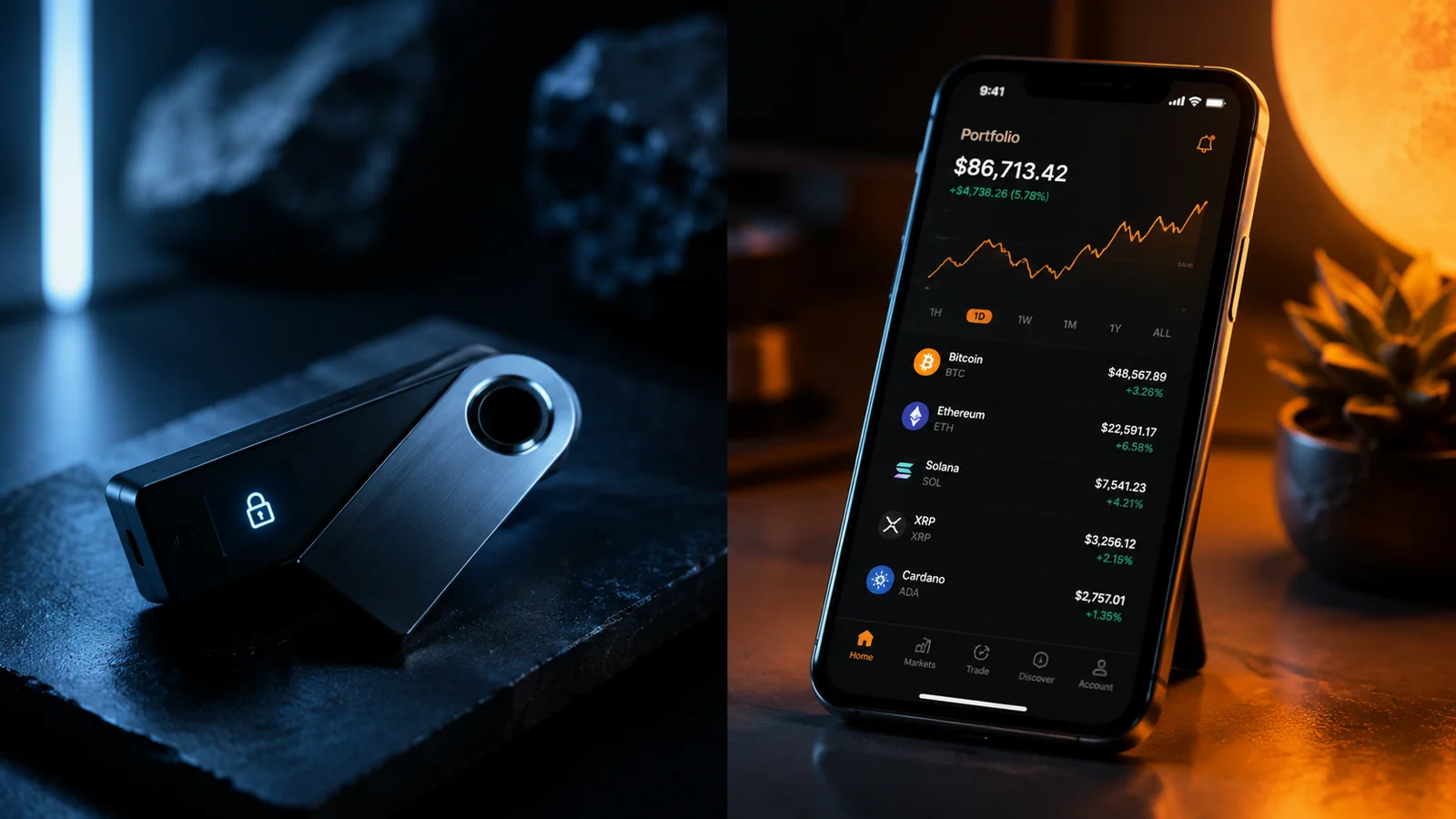 Cold wallet vs hot wallet: hardware wallet offline à esquerda e carteira digital no smartphone à direita