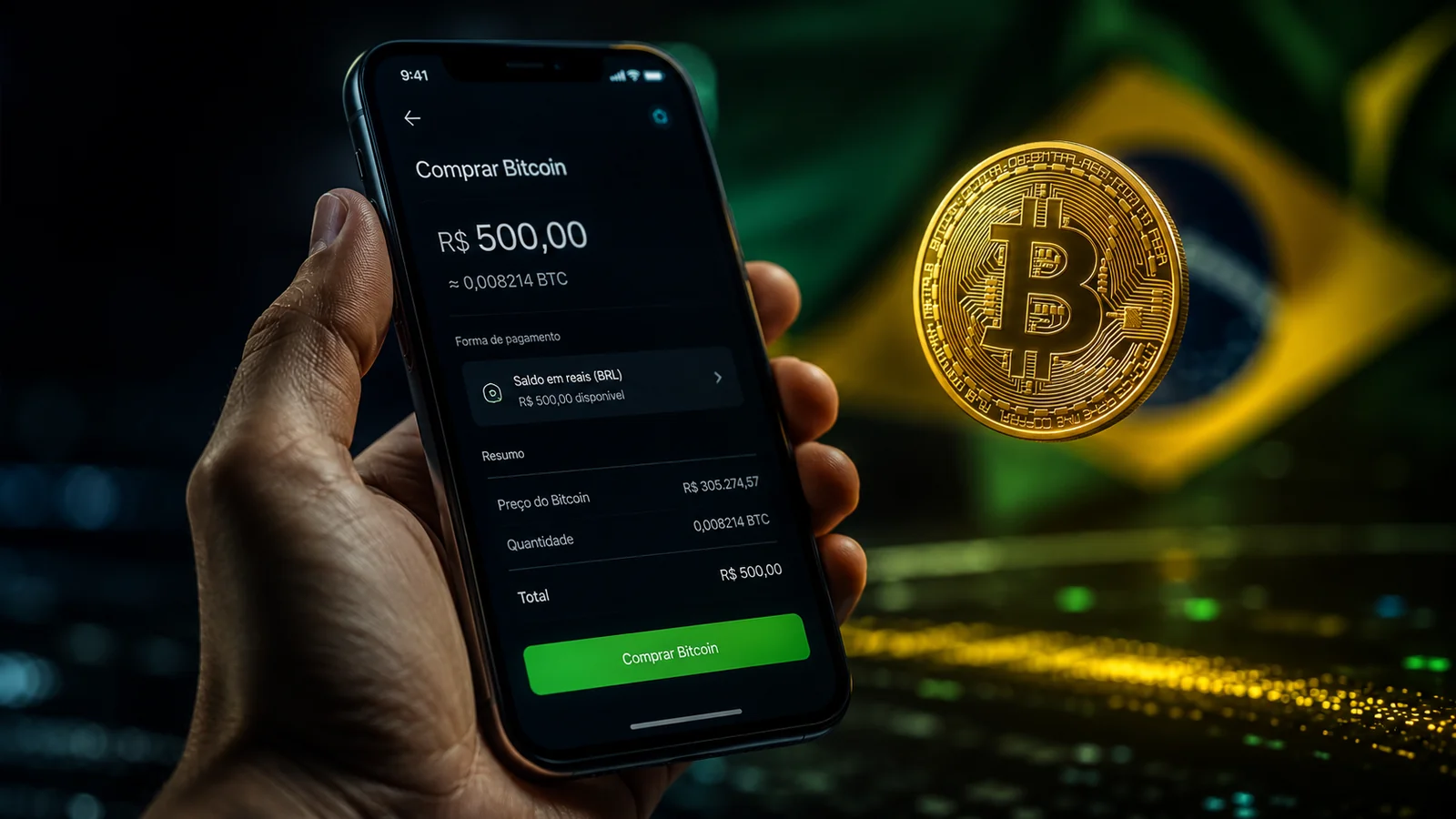 Como comprar Bitcoin no Brasil: smartphone exibindo tela de compra em reais com moeda BTC dourada