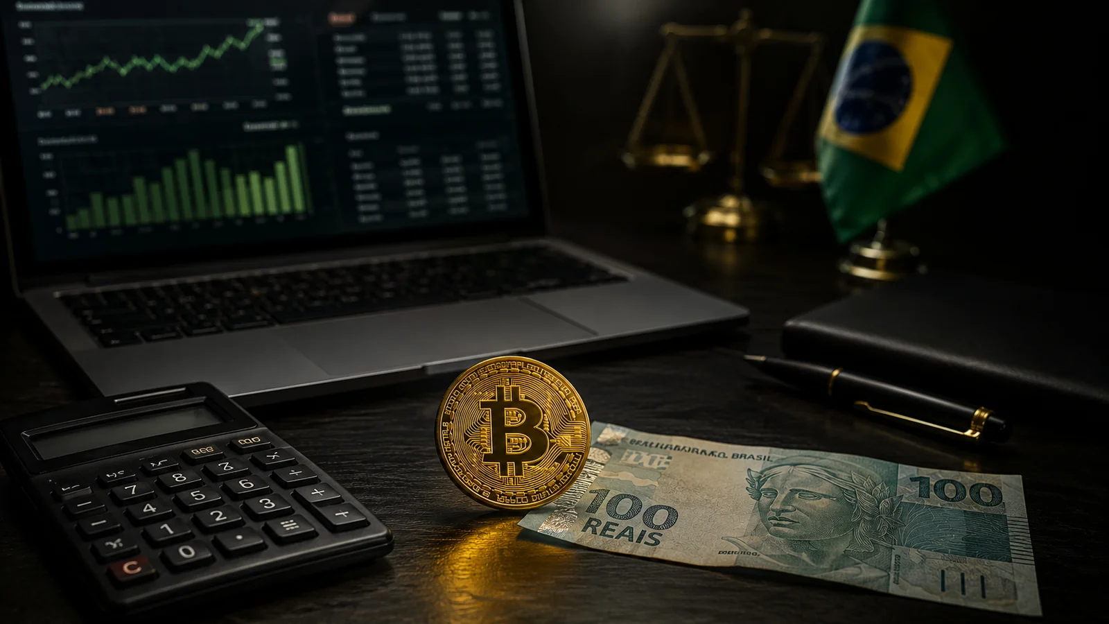 Como declarar criptomoedas no Imposto de Renda: laptop com gráficos fiscais e moeda Bitcoin sobre cédula de real