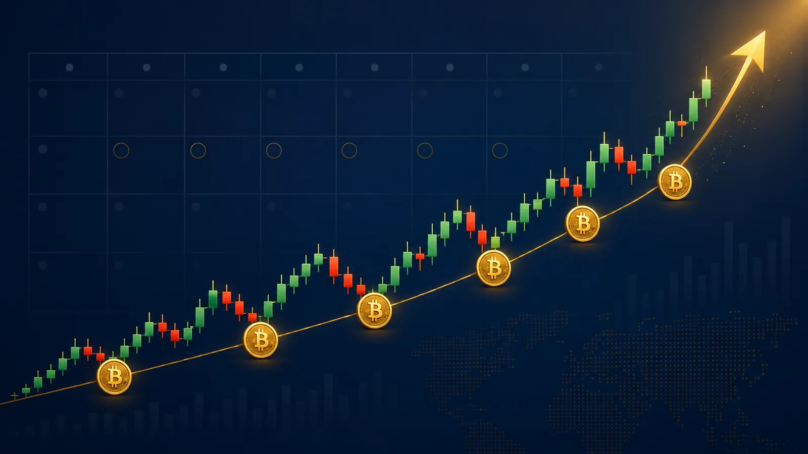 DCA Bitcoin: gráfico de Bitcoin com setas indicando compras periódicas em diferentes preços