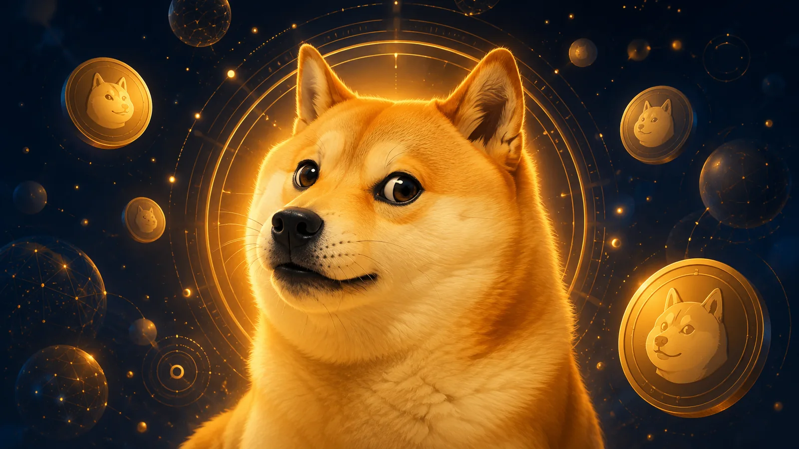 Dogecoin DOGE: moeda com o rosto do Shiba Inu sobre fundo digital com confetes representando o humor da criptomoeda