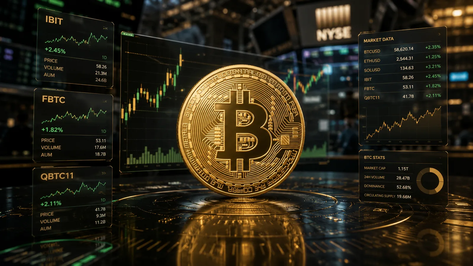 ETF de Bitcoin: gráfico de fundo de investimento com símbolo do Bitcoin e ações da bolsa
