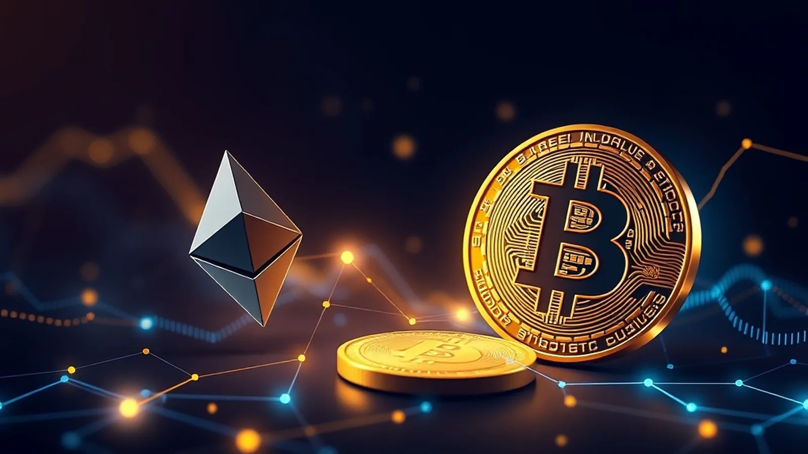 ethereum vs bitcoin: ilustracao conceitual com elementos de criptomoedas em fundo escuro