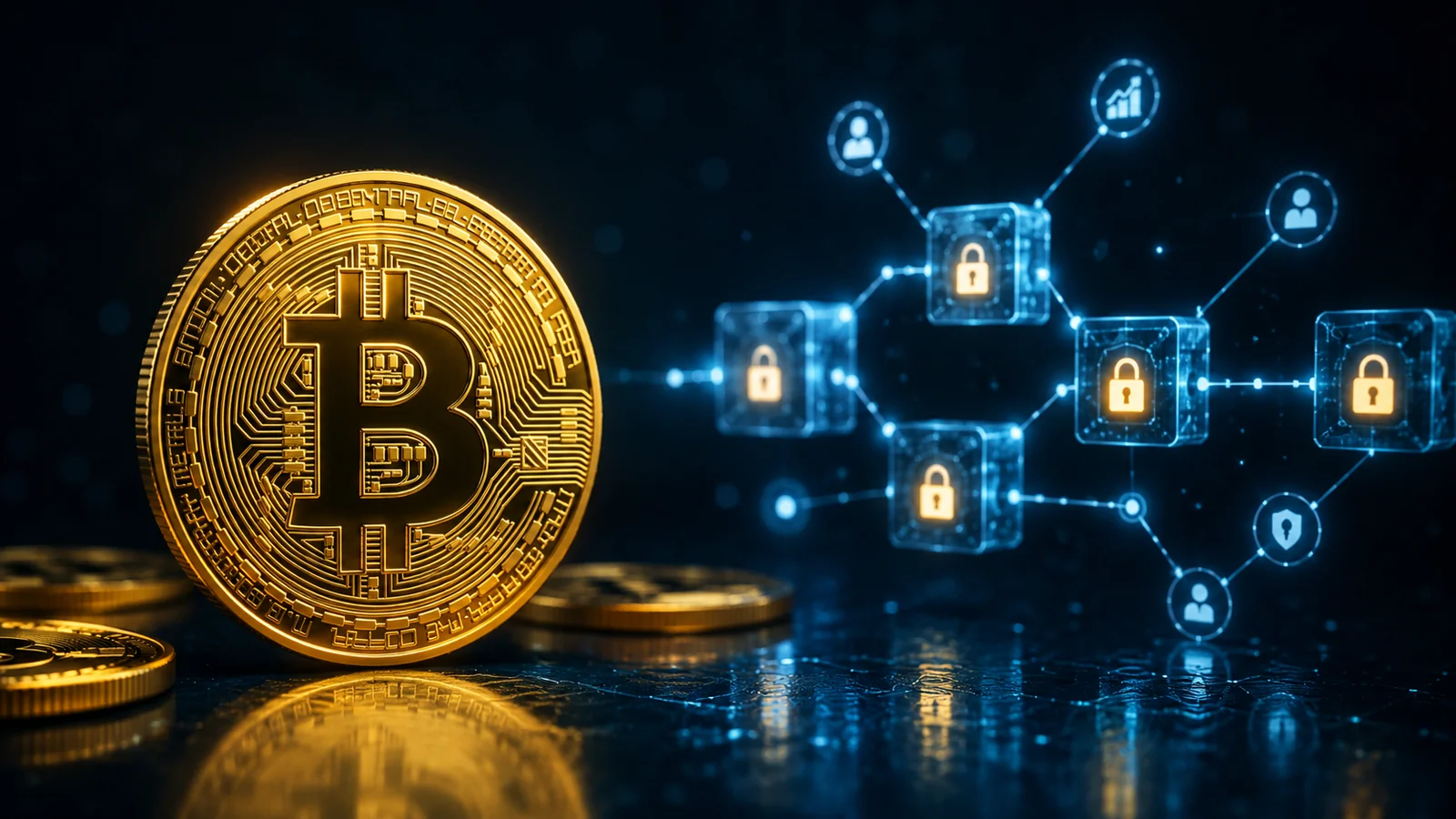 Guia Bitcoin para iniciantes: moeda Bitcoin dourada com gráficos de blockchain ao fundo