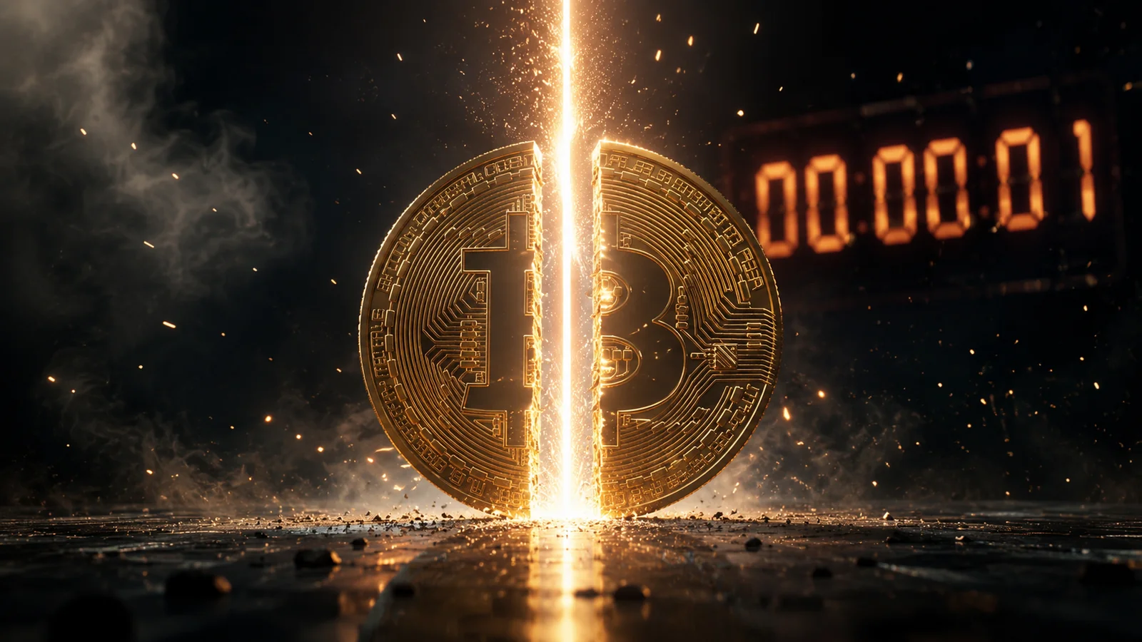 Halving do Bitcoin: moeda BTC dourada cortada por feixe de luz com contador regressivo ao fundo