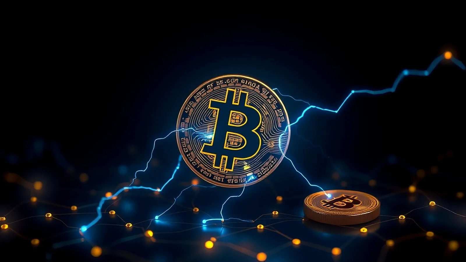 lightning bitcoin: ilustracao conceitual com elementos de criptomoedas em fundo escuro