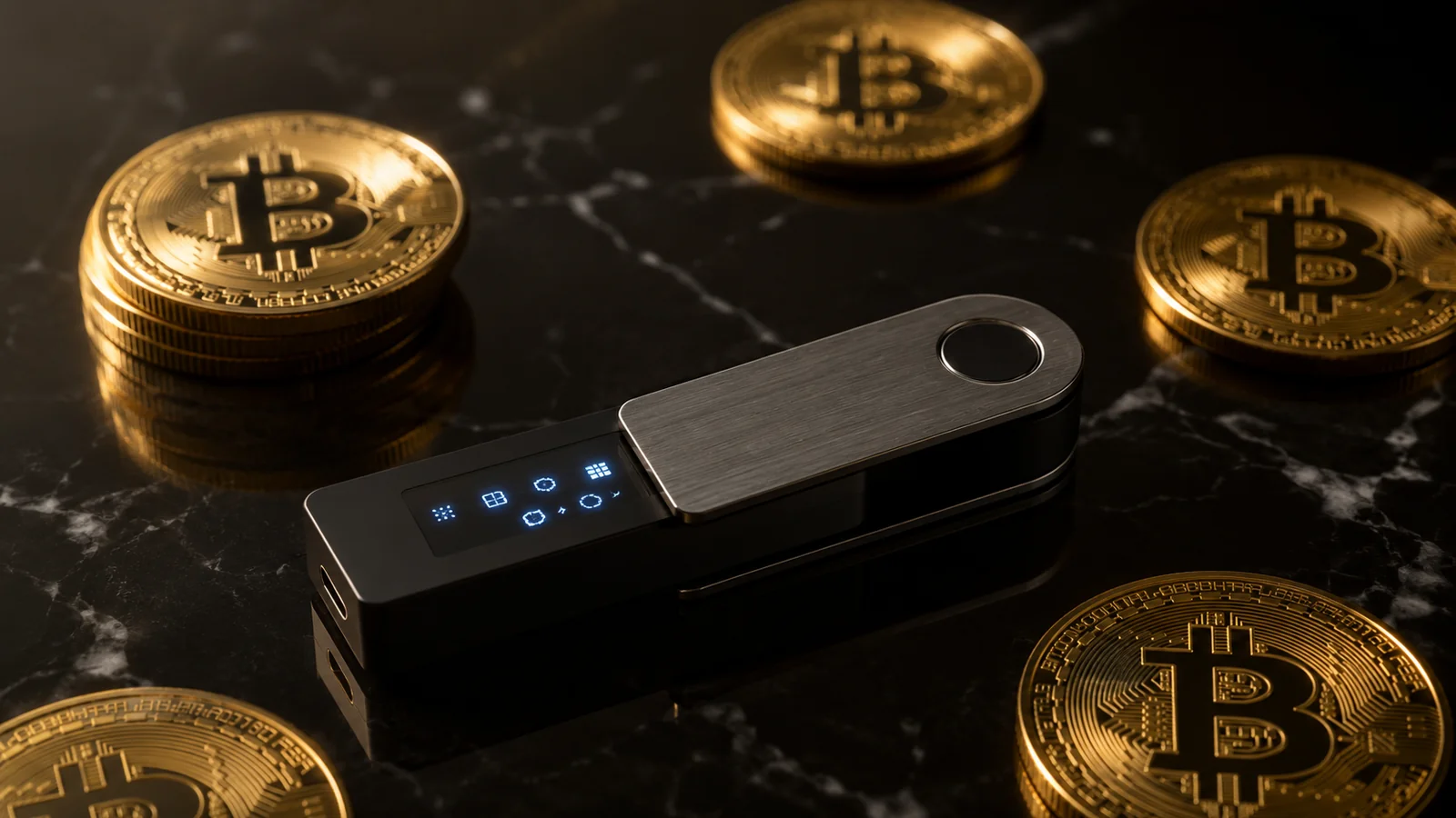 Melhor carteira Bitcoin: dispositivo hardware wallet sobre superfície escura com moedas BTC douradas