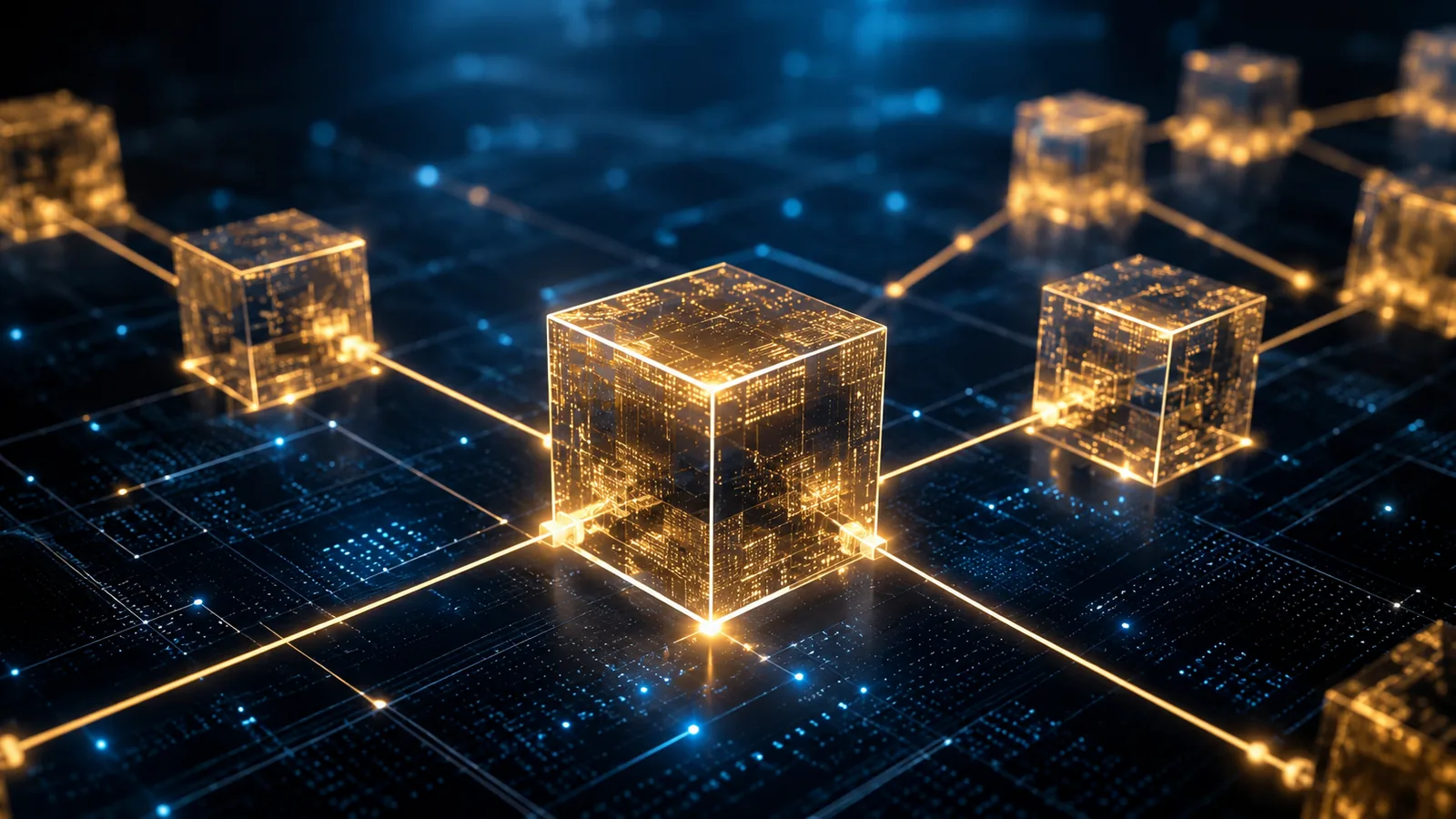 O que é blockchain: cubos digitais interconectados formando uma corrente, representando blocos de dados