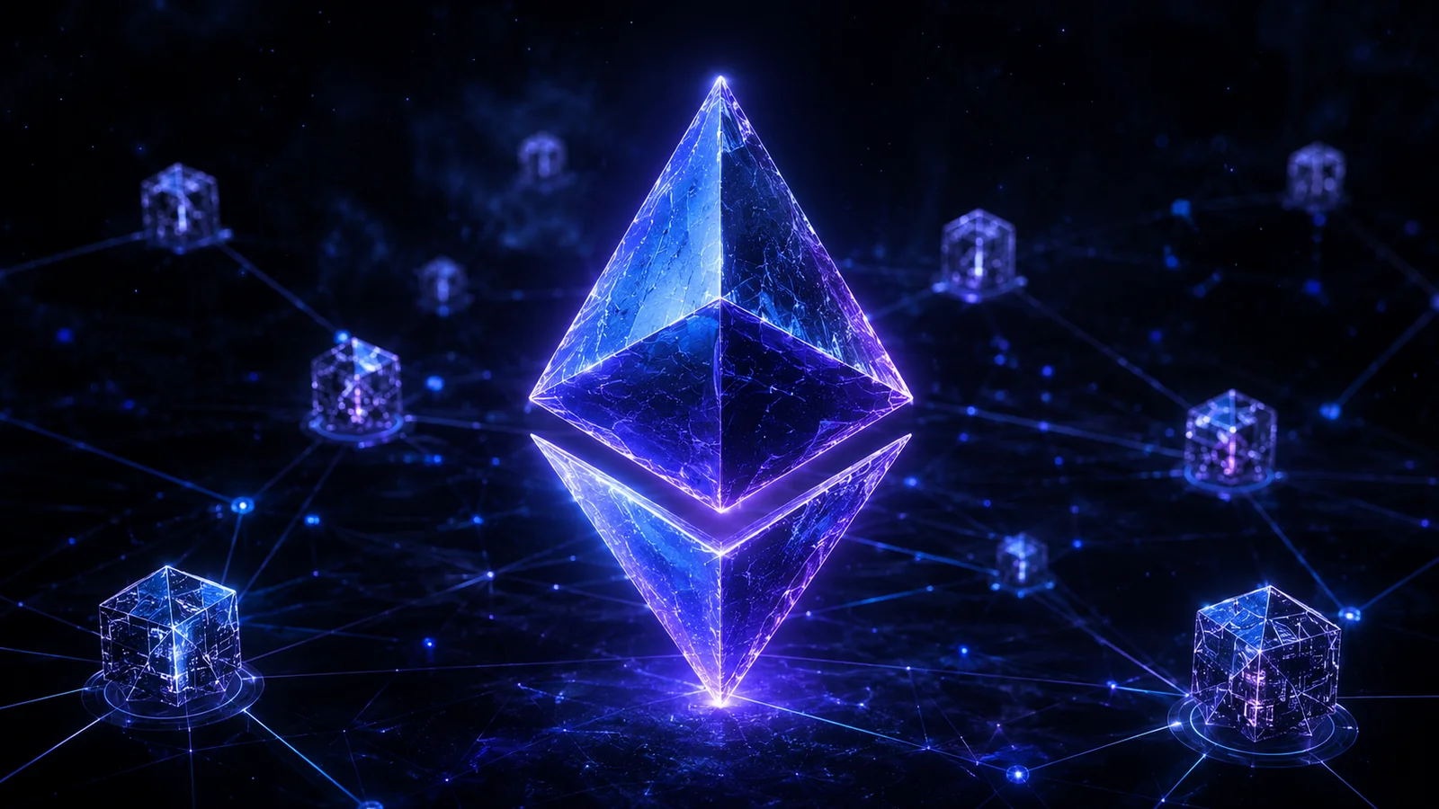 O que é Ethereum: logo ETH brilhante em azul com nós de rede blockchain interligados