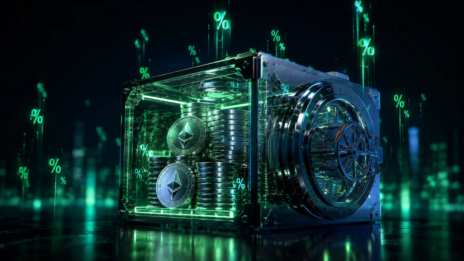 O que é staking de criptomoedas: moedas Ethereum empilhadas em cofre digital com rendimento flutuando