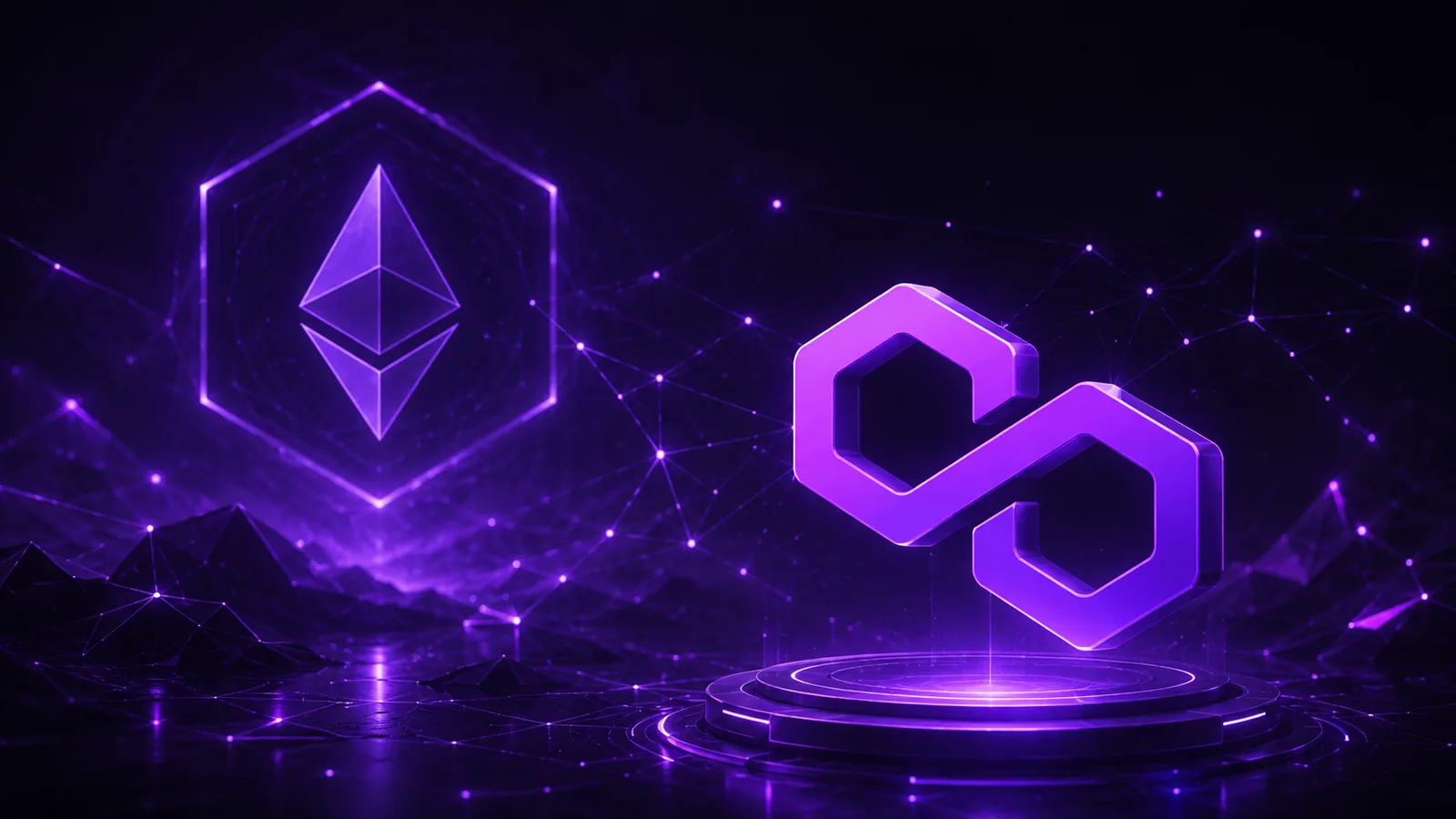 Polygon MATIC: logo roxo da rede sobre fundo de blockchain com linhas conectando o Ethereum