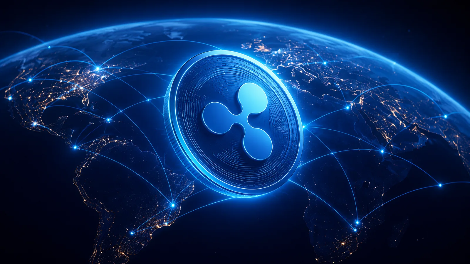 Ripple XRP: moeda digital azul sobre rede global de pagamentos com linhas conectando continentes