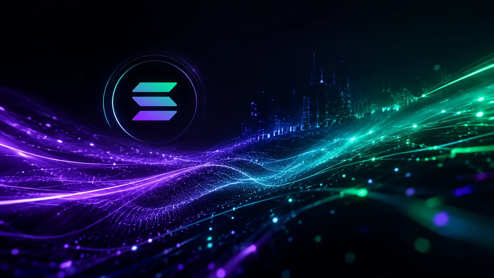 Solana SOL: logo da criptomoeda sobre fundo digital com gradiente roxo e verde representando velocidade