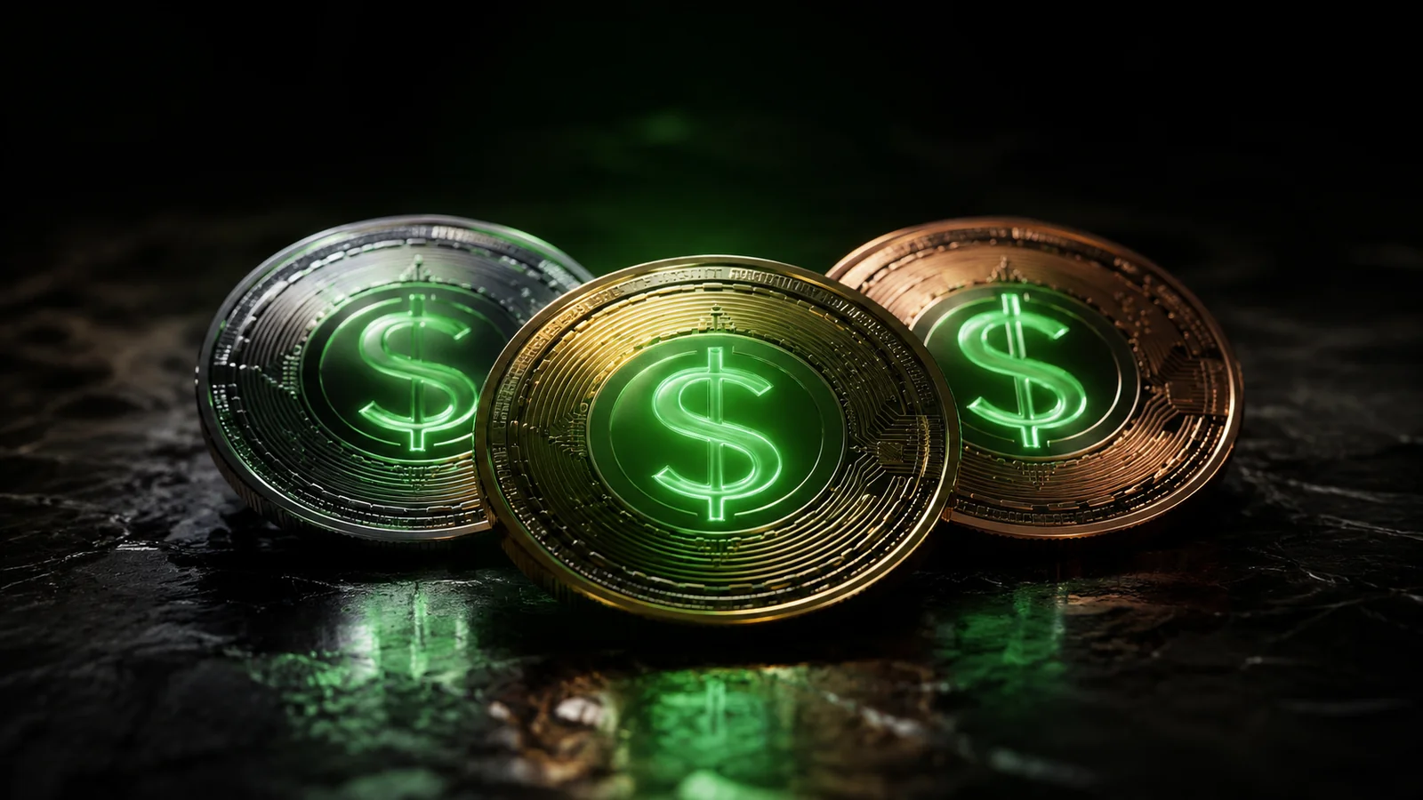 Stablecoins USDT USDC DAI: três moedas digitais estáveis sobre superfície reflexiva escura