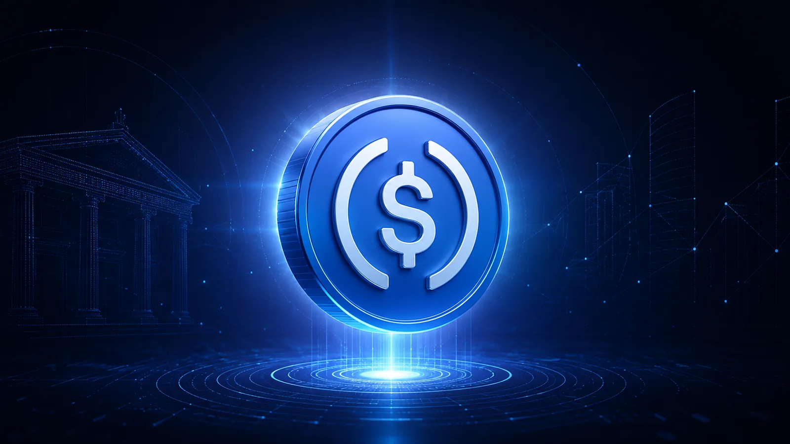 USD Coin USDC: moeda digital azul representando stablecoin pareada com o dólar americano